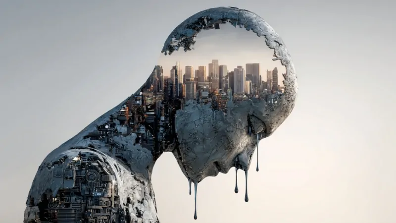 A digital figure with a city in its head symbolizes the WOPR Act 2025 ban on AI therapy tools