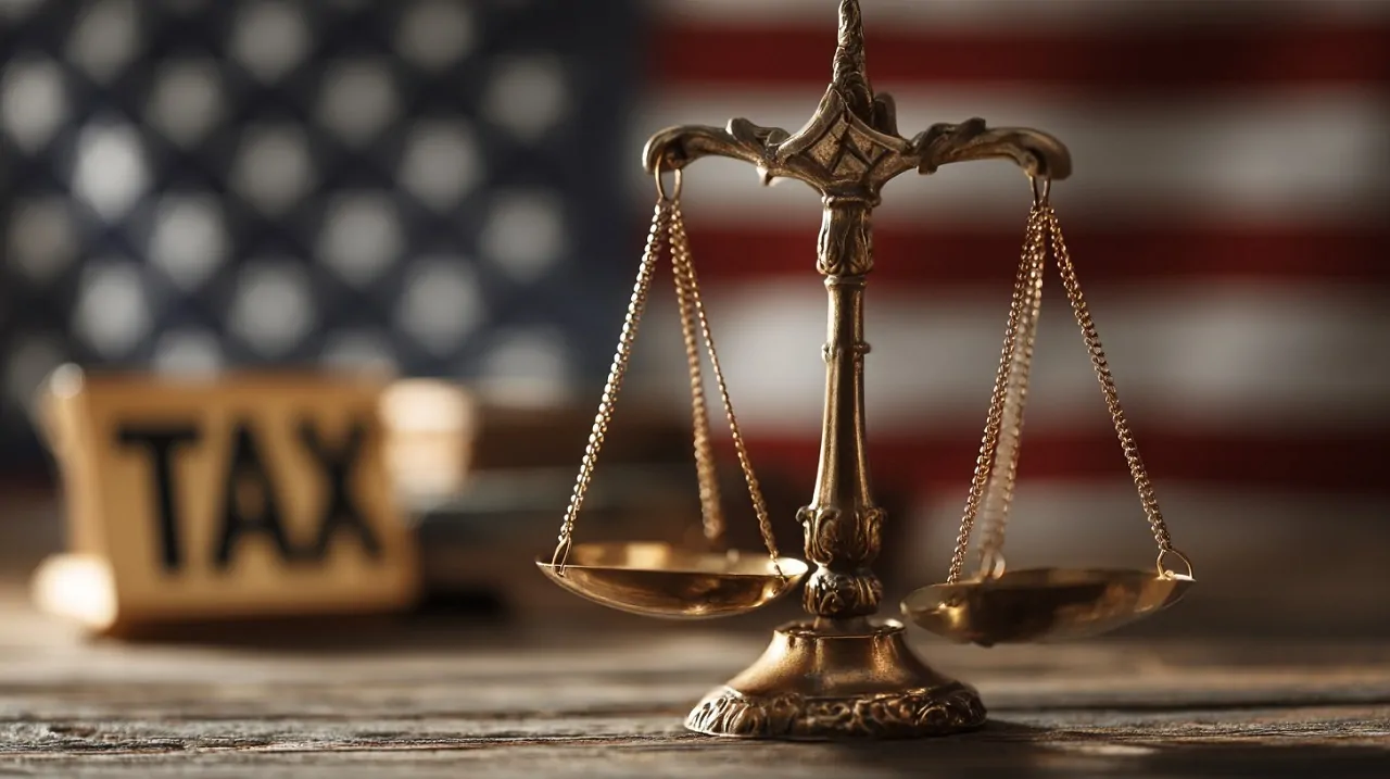 A bronze balance scale on a wooden table with the blurred U.S. flag behind it, symbolizing fairness and the distribution of tax burdens in the United States