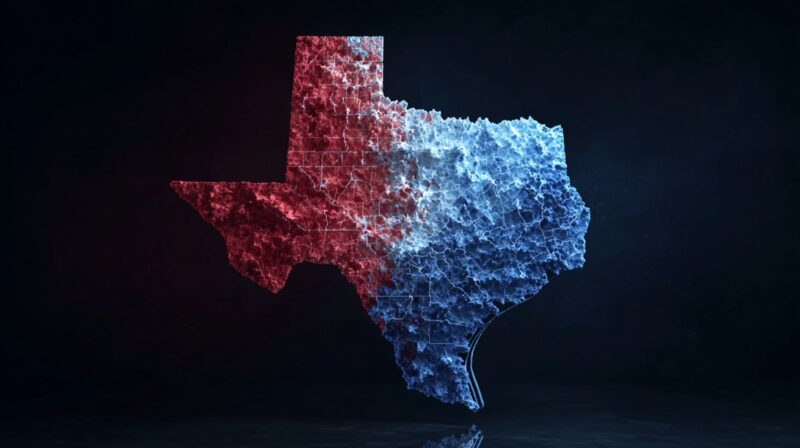 Digital map of Texas split into red and blue regions, representing political divisions across the state