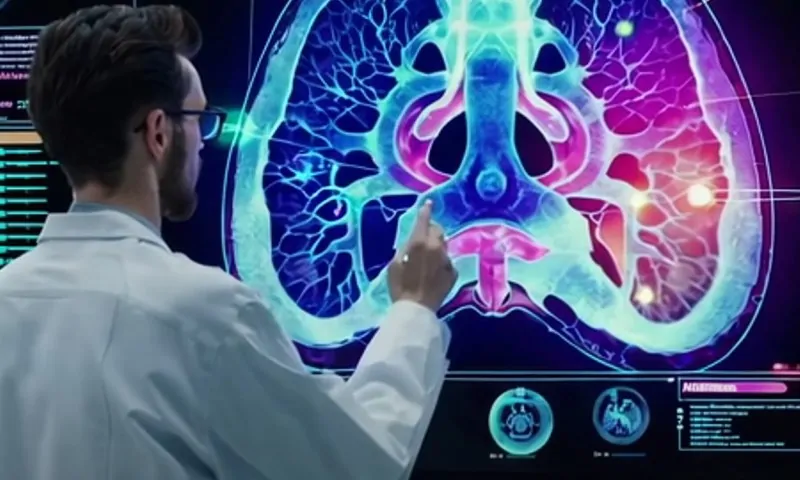 A man in a lab coat points at a computer screen displaying an image of a human lung