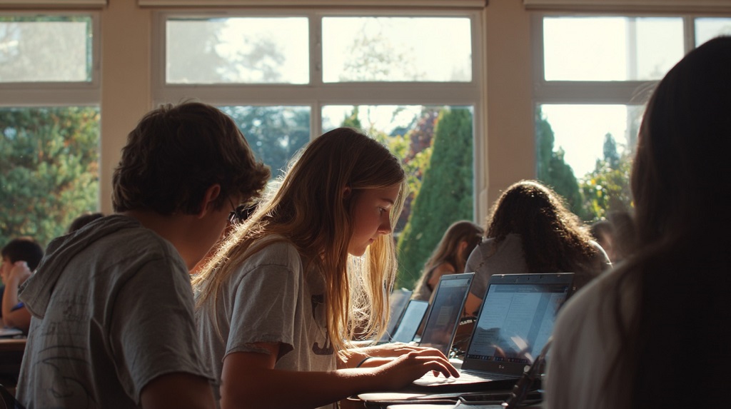 High school students working in a bright classroom, one girl concentrating on her laptop while classmates study nearby.