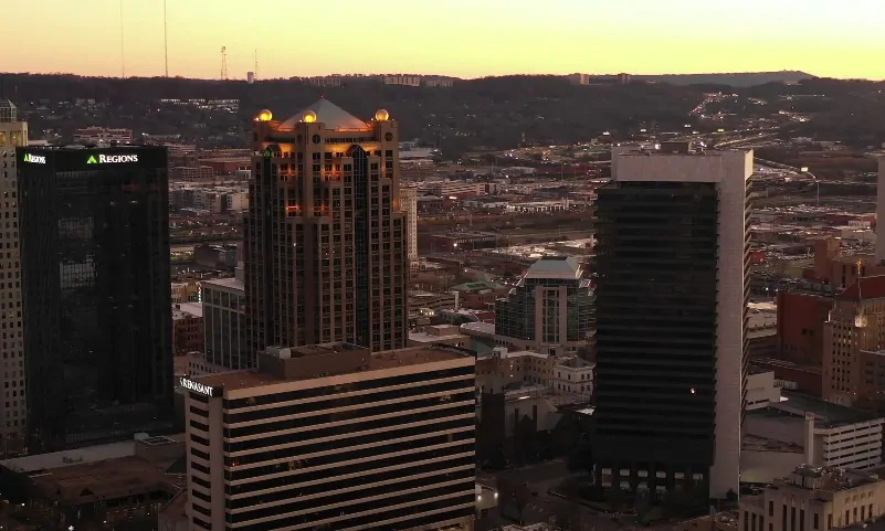 Drone view of a sunset in Birmingham, Alabama