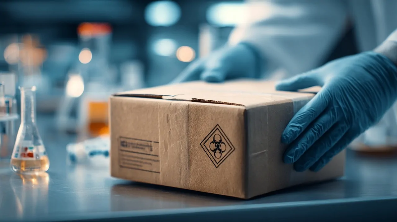 Gloved hands handling a strong cardboard box with biohazard label, laboratory equipment in background