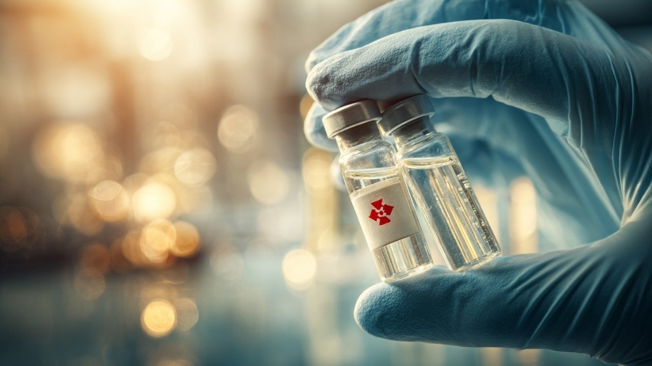 Gloved hand holding two glass vials with hazard label slightly blurred, bright lab lighting