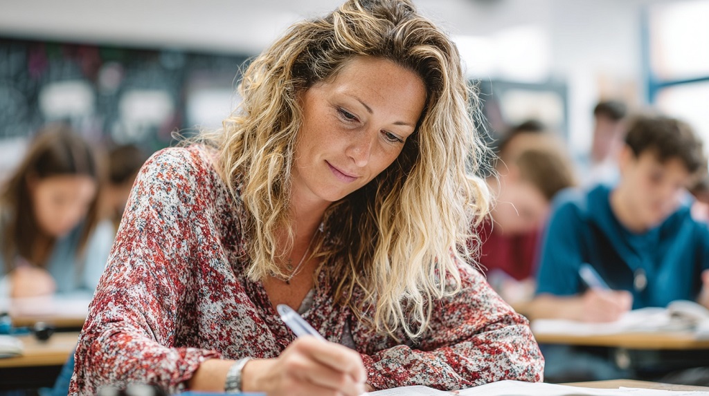 Teacher grading papers in a bright classroom while students work behind her, focused and writing by hand
