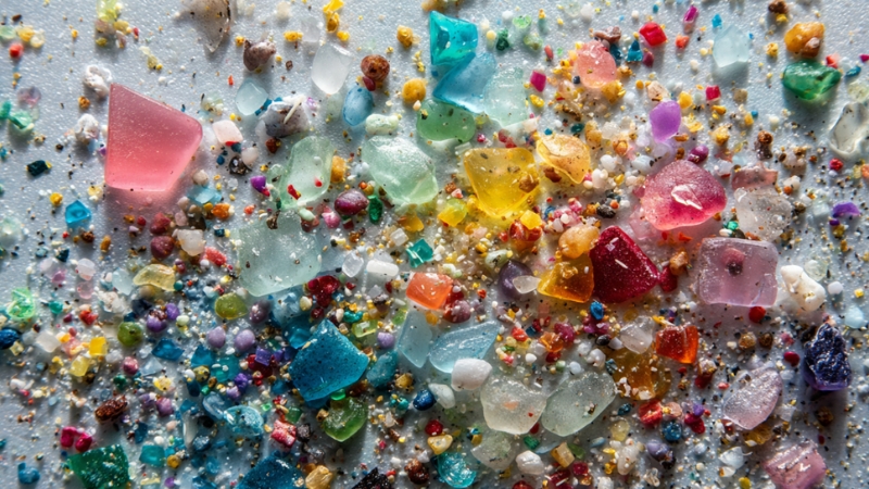Close-up of colorful microplastic fragments of various shapes and sizes scattered on a surface