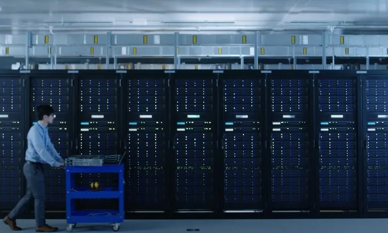 A man walking between rows of servers in a spacious, high-tech server room filled with blinking lights