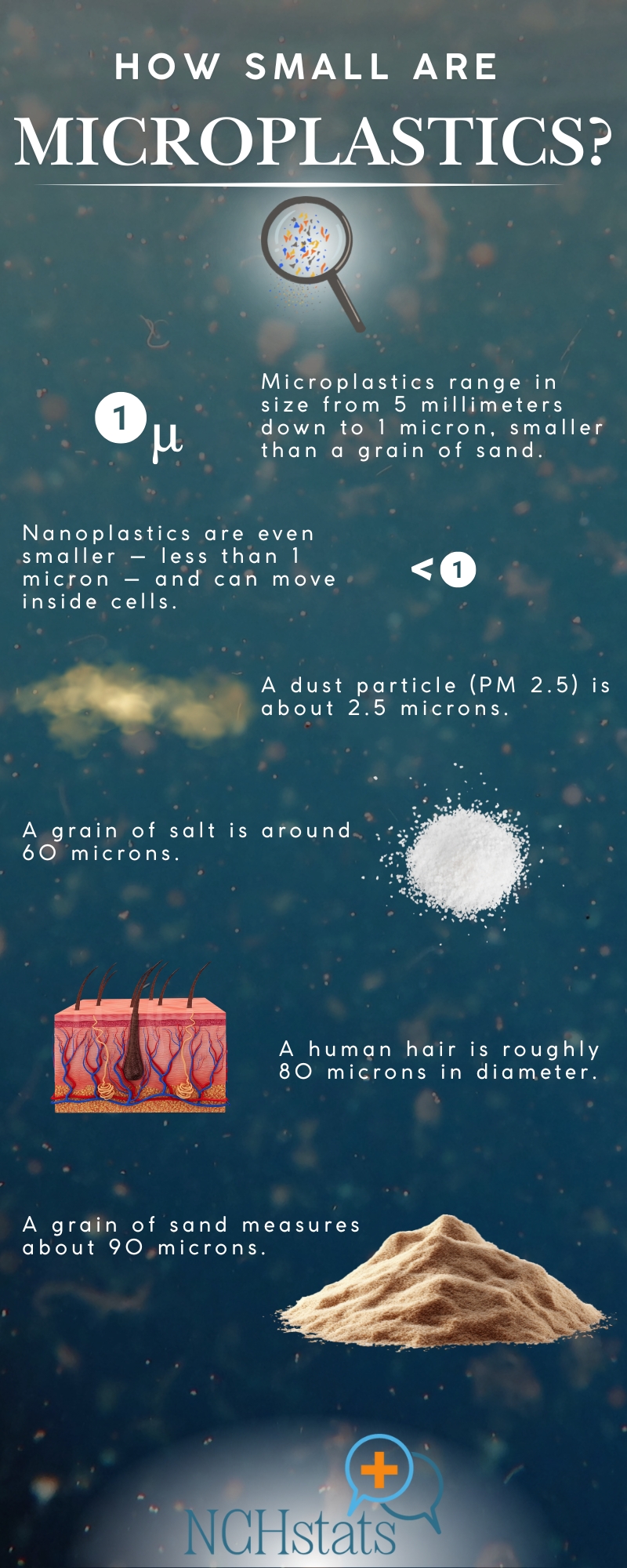 Microplastics infographic showing particle sizes from 5 millimeters to 1 micron, compared with dust, salt, sand, and human hair