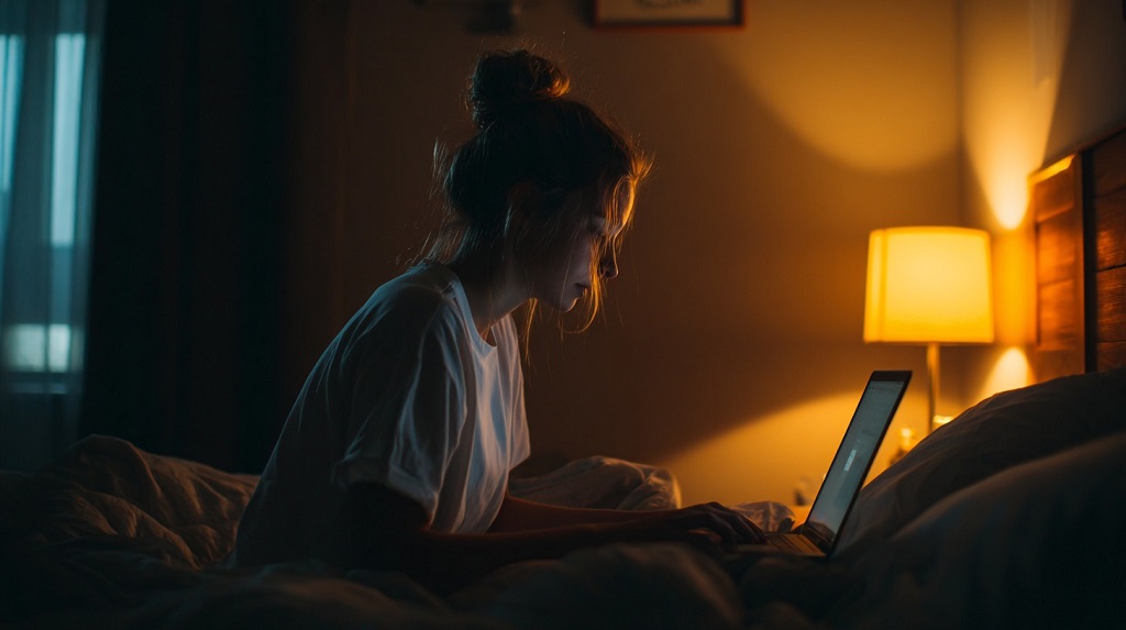 Teenage girl sitting on her bed at night, focused on her laptop screen with warm lamplight illuminating the room