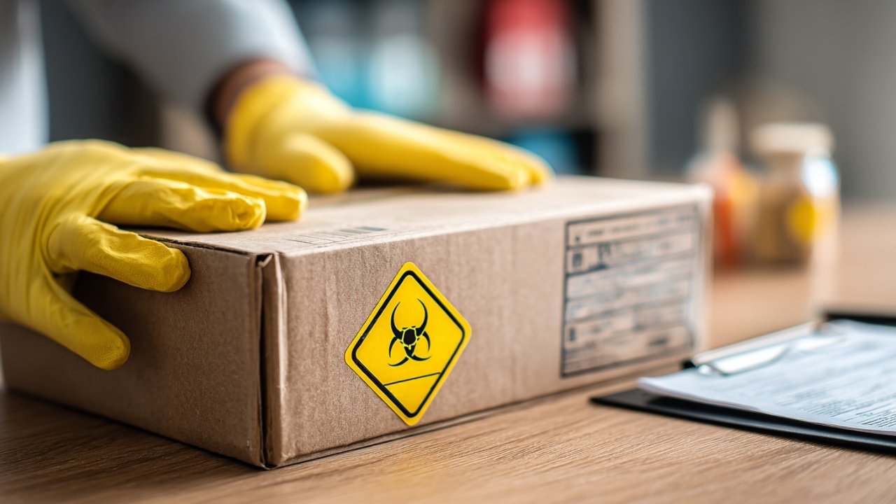 Close-up of gloved hands handling a cardboard box with biohazard diamond label, paperwork on clipboard nearby