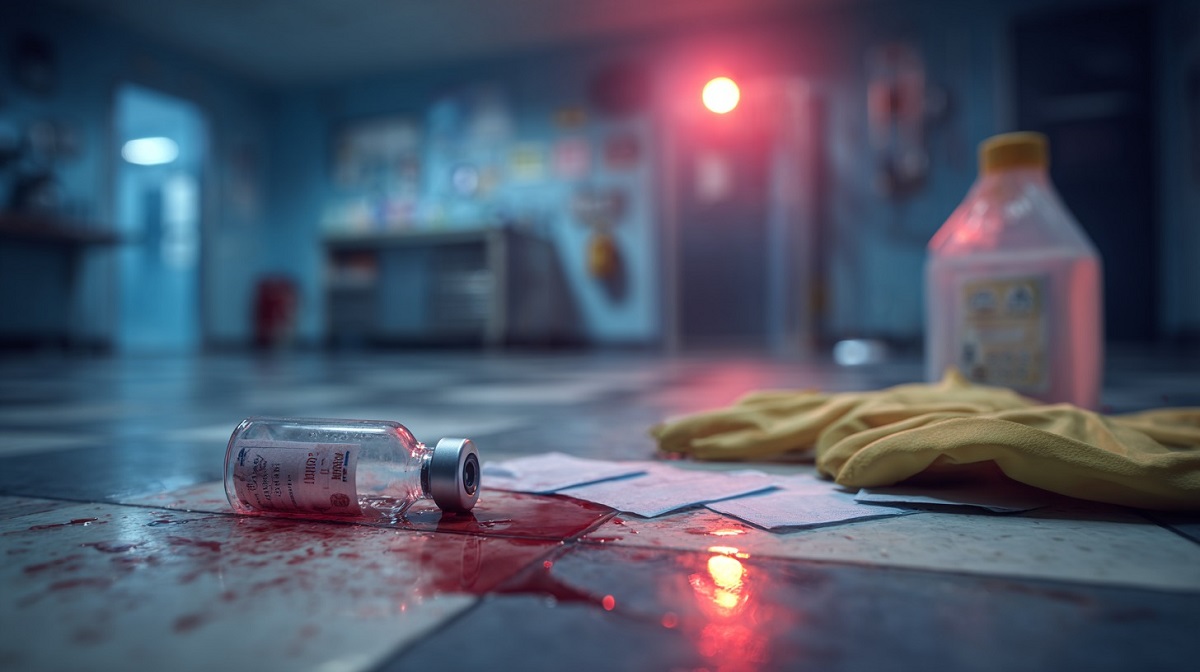 Spilled vial with liquid on laboratory floor, gloves and disinfectant container nearby, red alarm light glowing in background