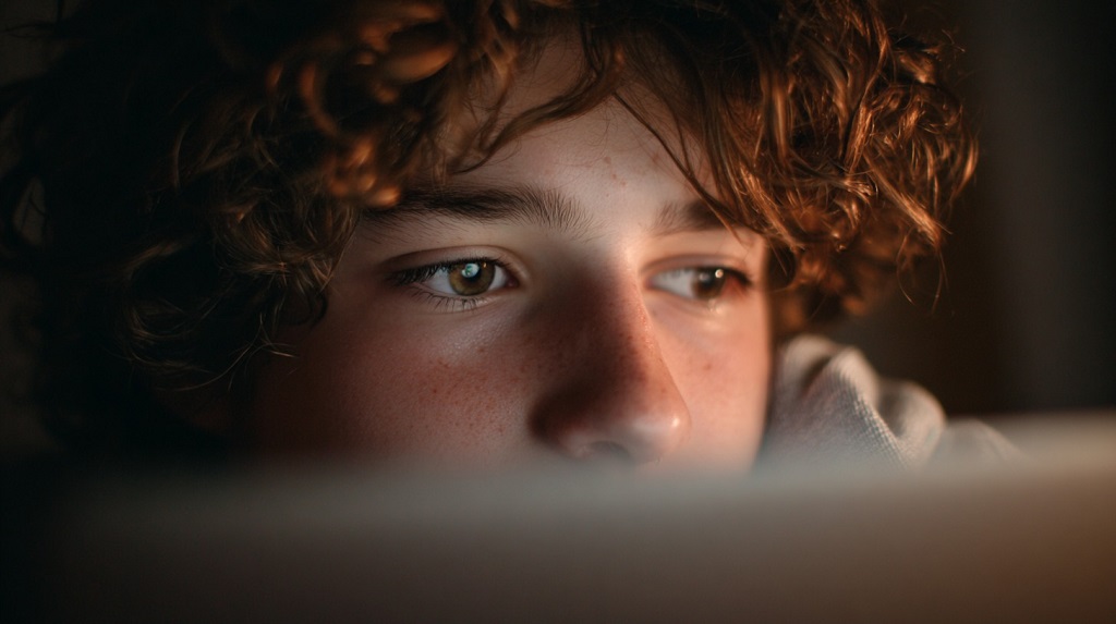 Close-up of a teenage boy’s face illuminated by laptop light, focused and thoughtful in a dark room.
