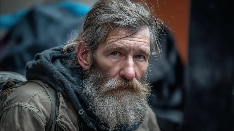 An older homeless man with a long gray beard looks directly at the camera, representing people living in poverty in U.S. cities