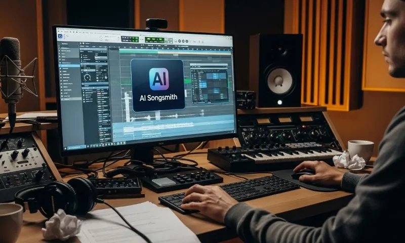 Musician sits in a music studio, making music using AI
