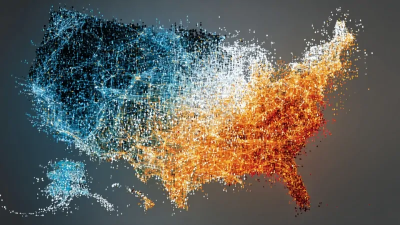 A digital map of the United States highlights regional population growth trends across the country