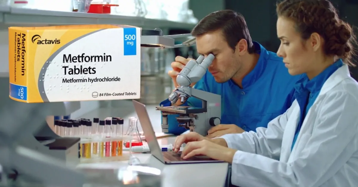 Scientists analyze lab data near a box of a diabetes drug metformin