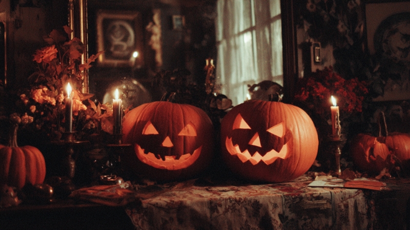 Two carved pumpkins glow with candles on a decorated table, capturing a warm Halloween atmosphere in an American home