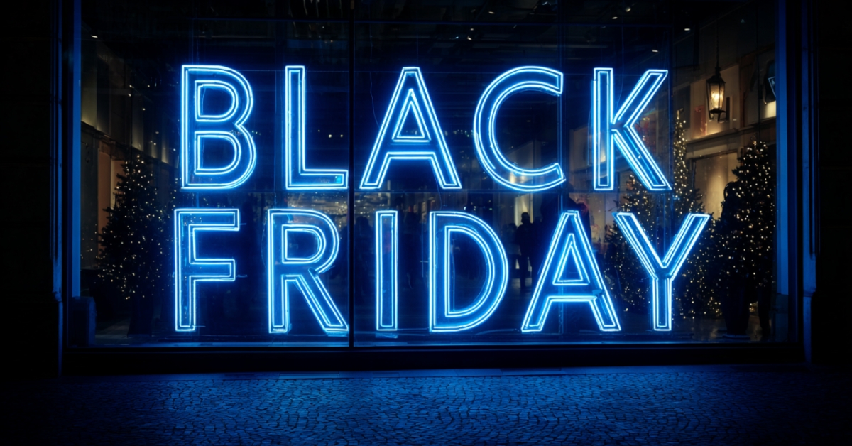 Neon store sign highlights the intensity of black friday shopping