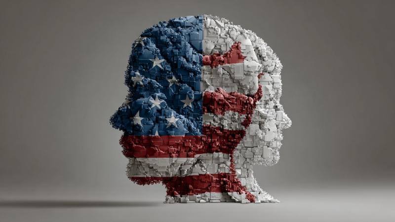 Two human head silhouettes made of textured blocks with an American flag design