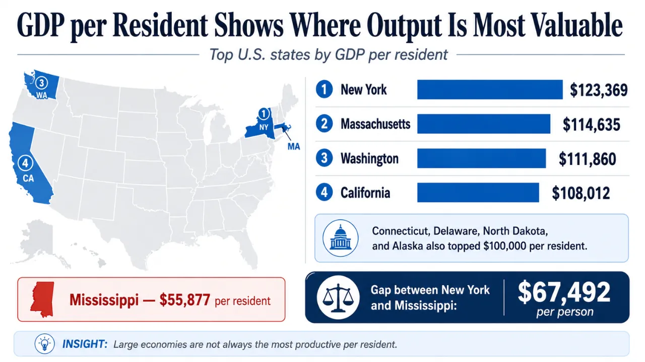 Infographic showing New York, Massachusetts, Washington, and California as the top U.S. states by GDP per resident