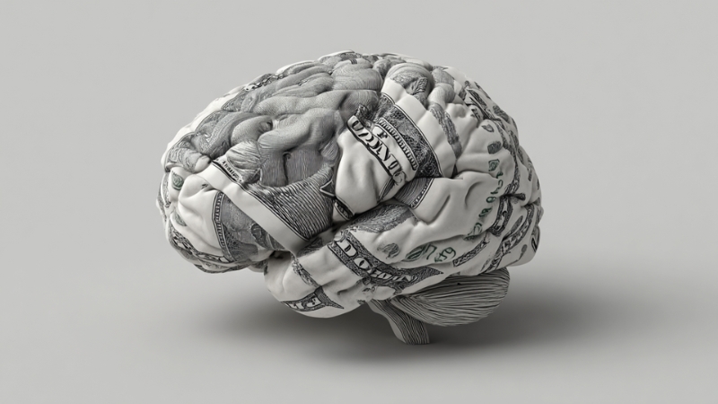 A brain sculpture covered in dollar bill patterns to show the link between IQ and income