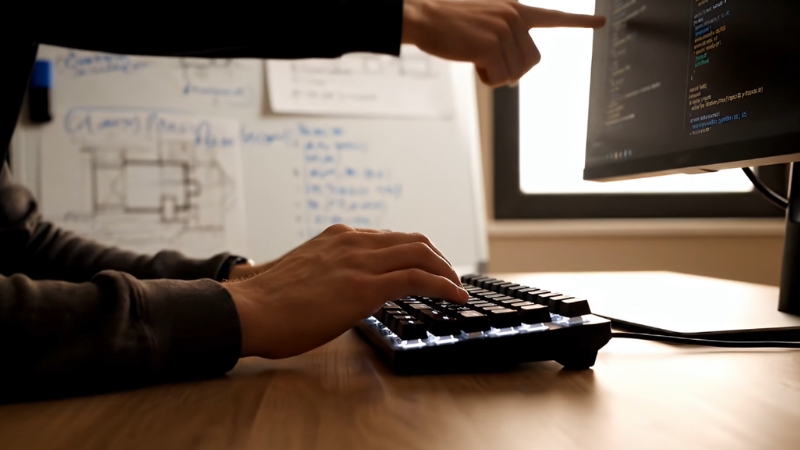 A developer types at a desk while another person points at code on the monitor