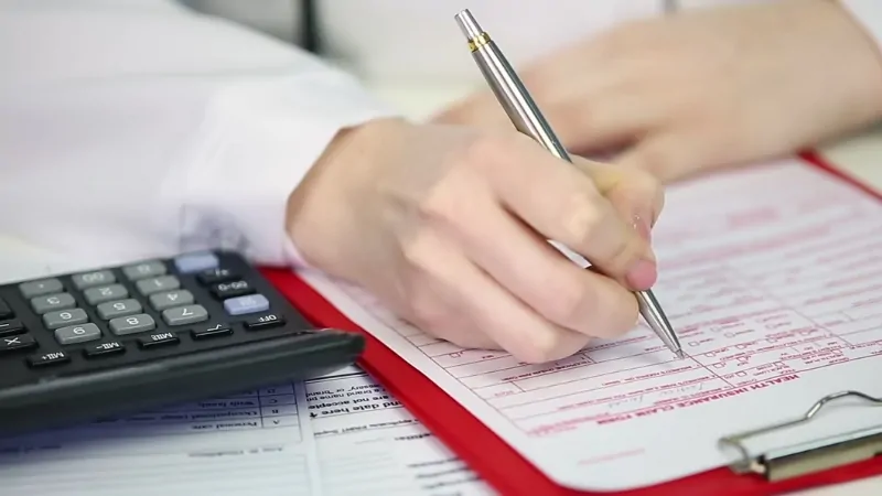 Person filling out a health insurance form next to a calculator related to healthcare costs