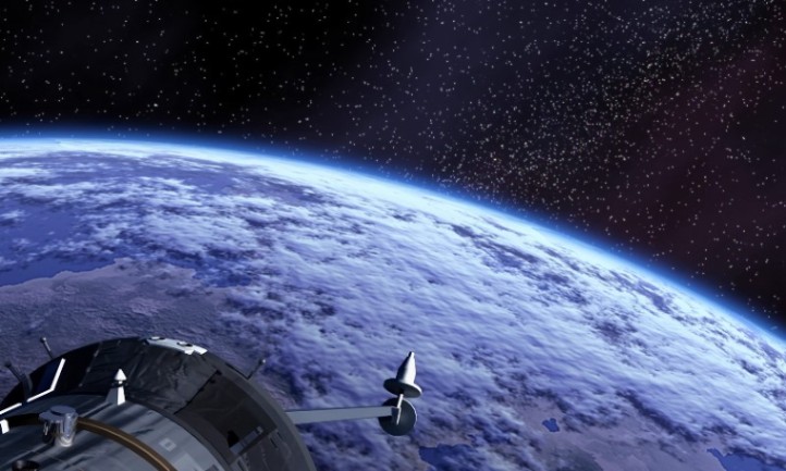 Futuristic space station orbiting Earth