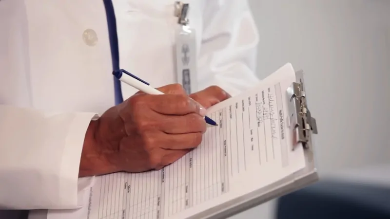 Doctor holding a clipboard and writing information on a medical form in a healthcare setting