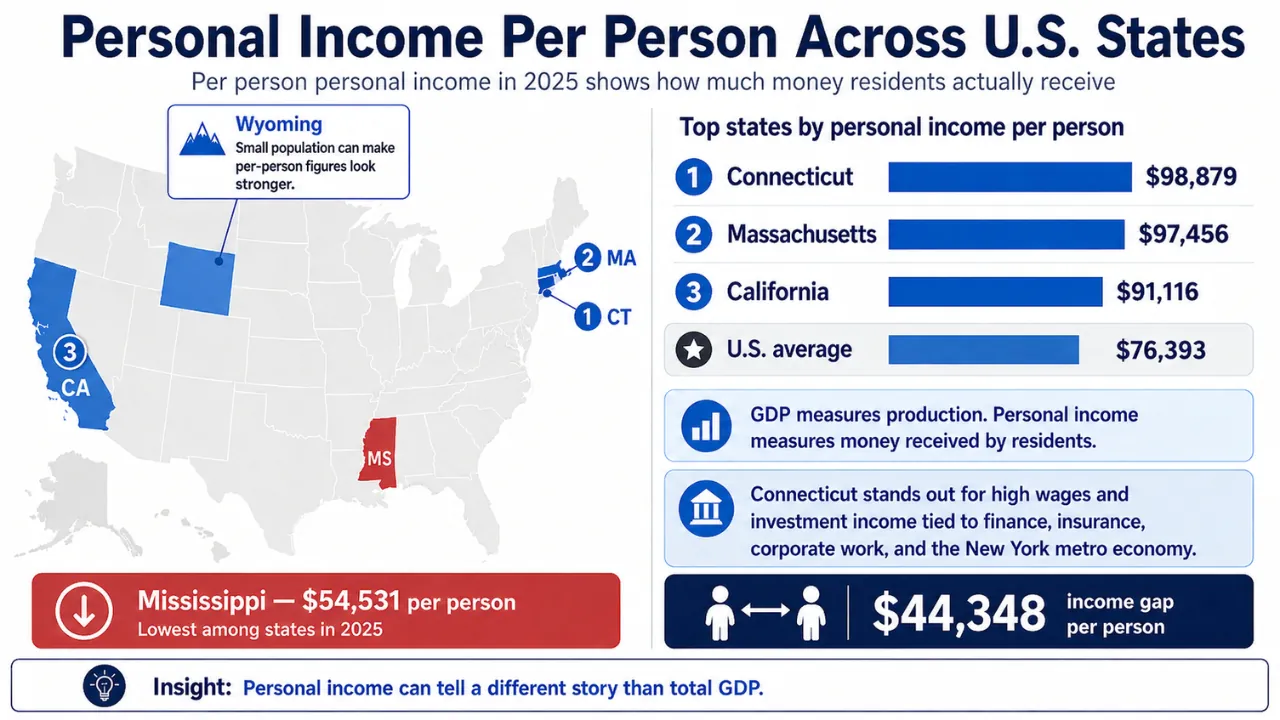 Infographic on personal income per person across U.S. states in 2025, with Connecticut at the top and Mississippi last