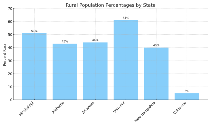 A bar chart showing rural population percentages for six U.S. states