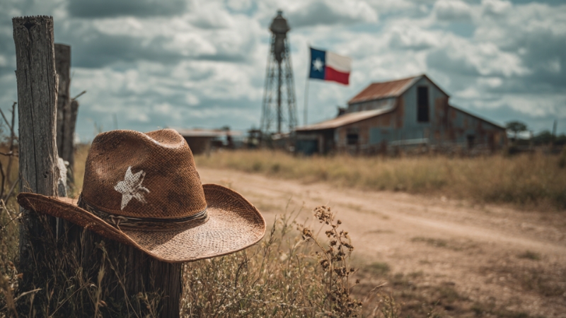 A Texas ranch scene shows a cowboy hat on a fence with a state flag and barn in the background