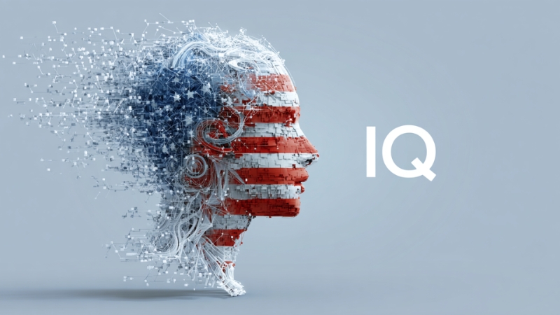 A digital human head with an American flag pattern used to represent IQ levels across U.S. states