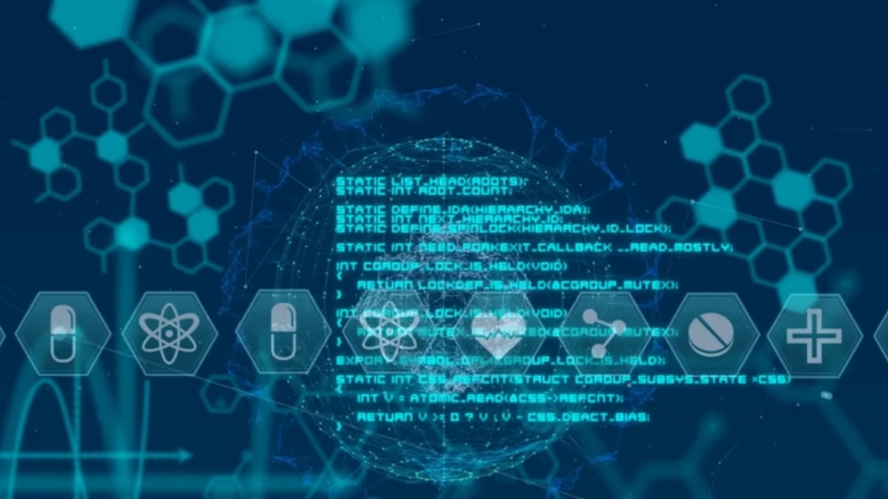 Digital medical icons and data code display on a blue screen to represent AI disease prediction technology in healthcare
