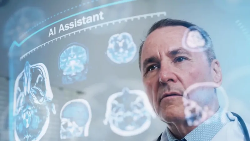 A doctor reviews brain scan results displayed by an AI disease prediction system on a transparent medical screen