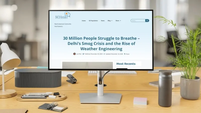 A computer screen shows an NCHStats article about Delhi’s smog crisis and the rise of weather engineering