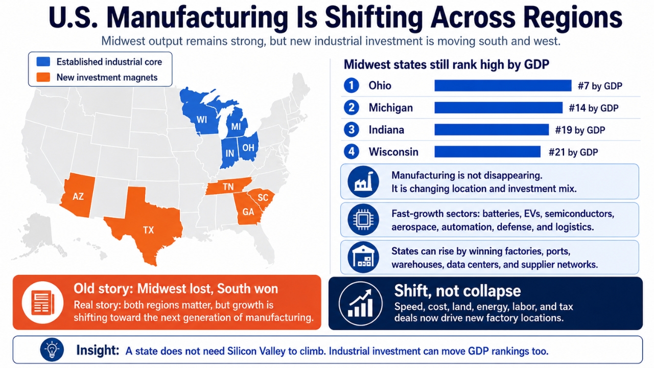 Infographic on U.S. factory output shifts, with Midwest states as the core and Southern and Western states as new hubs