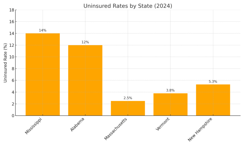 A bar chart showing uninsured rates for five U.S. states in 2024