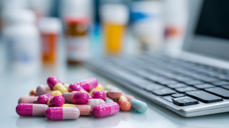 Close-up of colorful medication capsules beside a computer keyboard in a medical setting