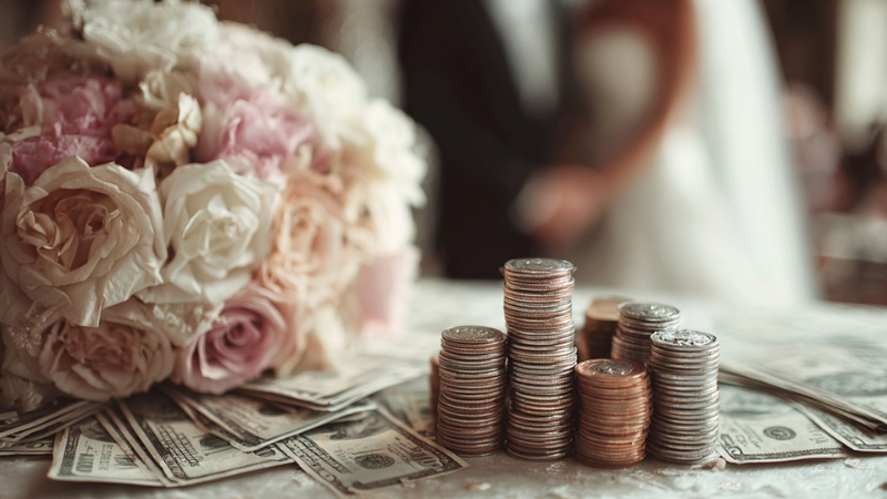 Wedding cost photo showing stacked coins and dollar bills beside a wedding bouquet