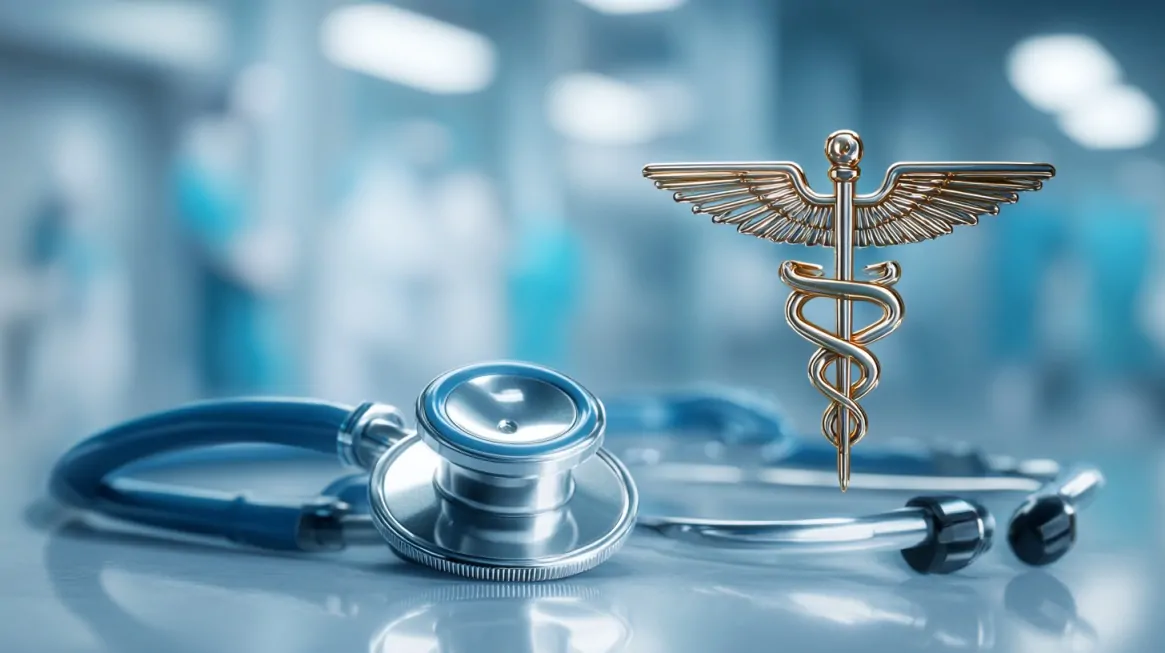 Stethoscope on a medical table with a caduceus symbol floating above it in a hospital setting