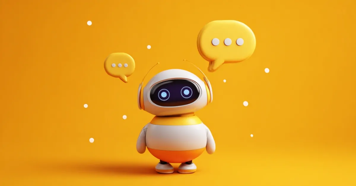 Robot with chat bubbles on yellow background representing AI chatbots