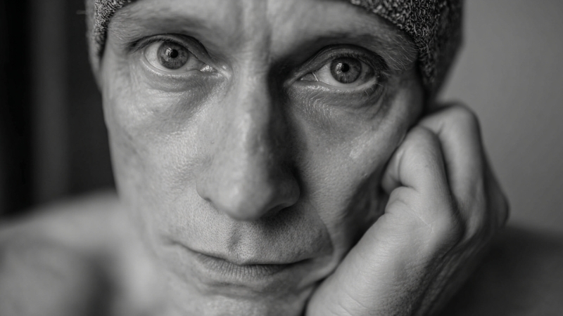 A person with a head covering rests their face on their hand, looking straight ahead with tired eyes