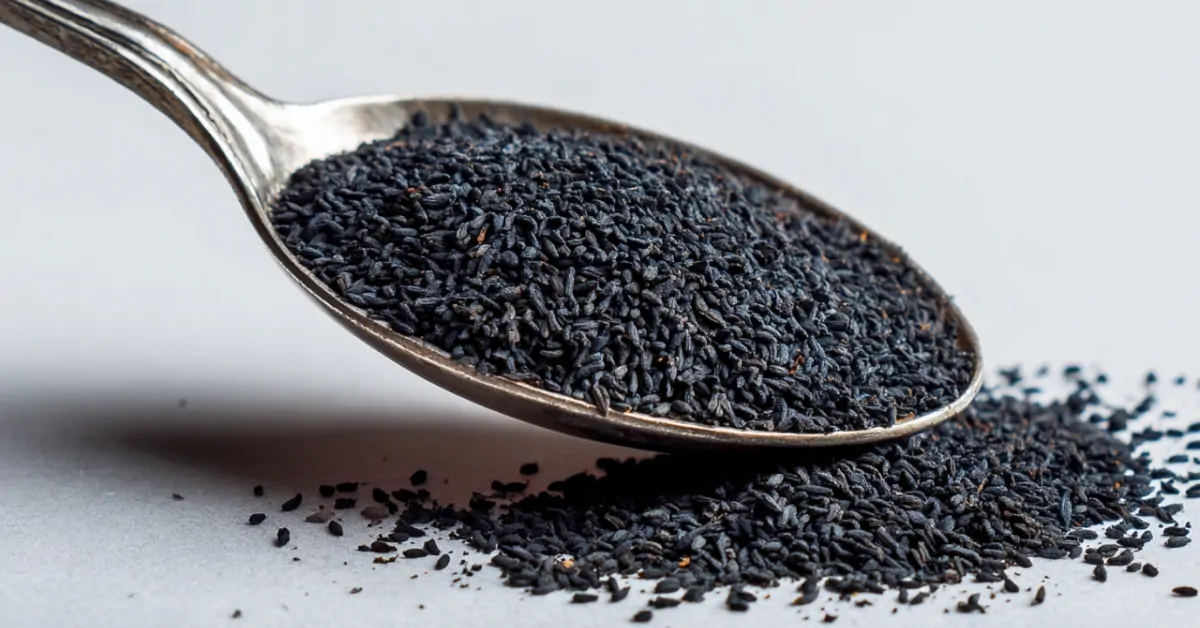 Spoon filled with black cumin seeds on a table surface