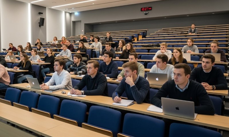 A lecture hall filled with students focused on their laptops, engaged in learning and discussion