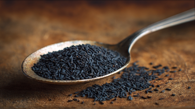 Spoon with black cumin seeds scattered on a wooden surface