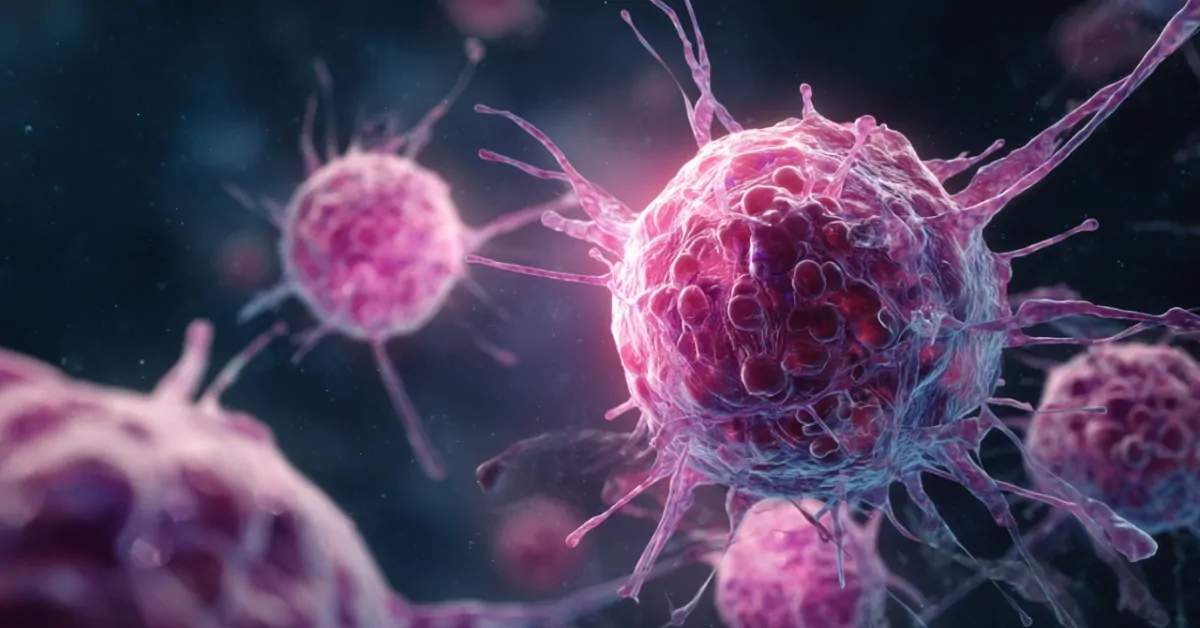 Microscopic view of aggressive cells replicating, illustrating rising cancer deaths risks