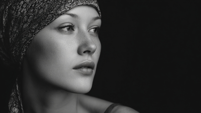 A woman in a headscarf gazes sideways with a calm yet thoughtful expression