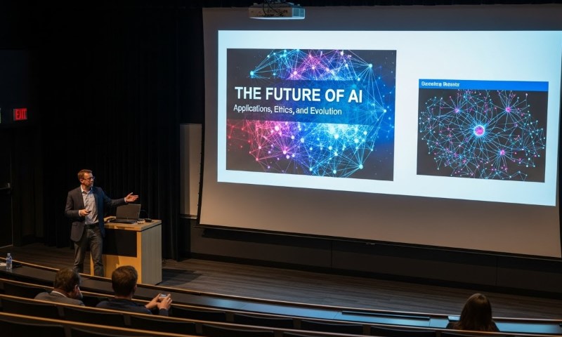 A teacher presents in front of a large screen displaying graphs and data, engaging students with his speech