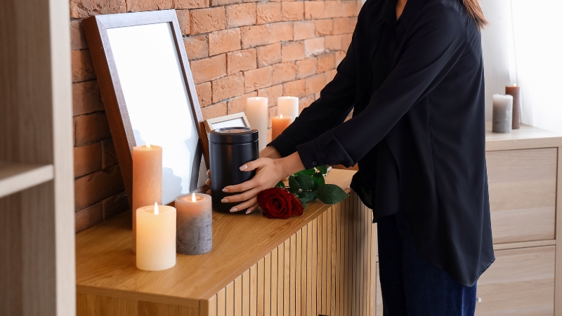 A woman places an urn beside candles and a framed photo during a quiet memorial